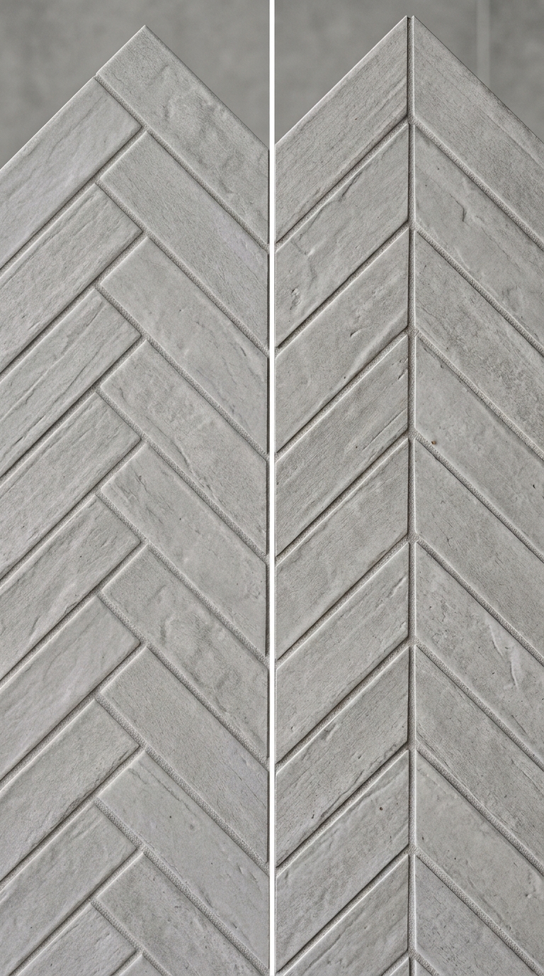 Side-by-side comparison of herringbone and chevron tile patterns