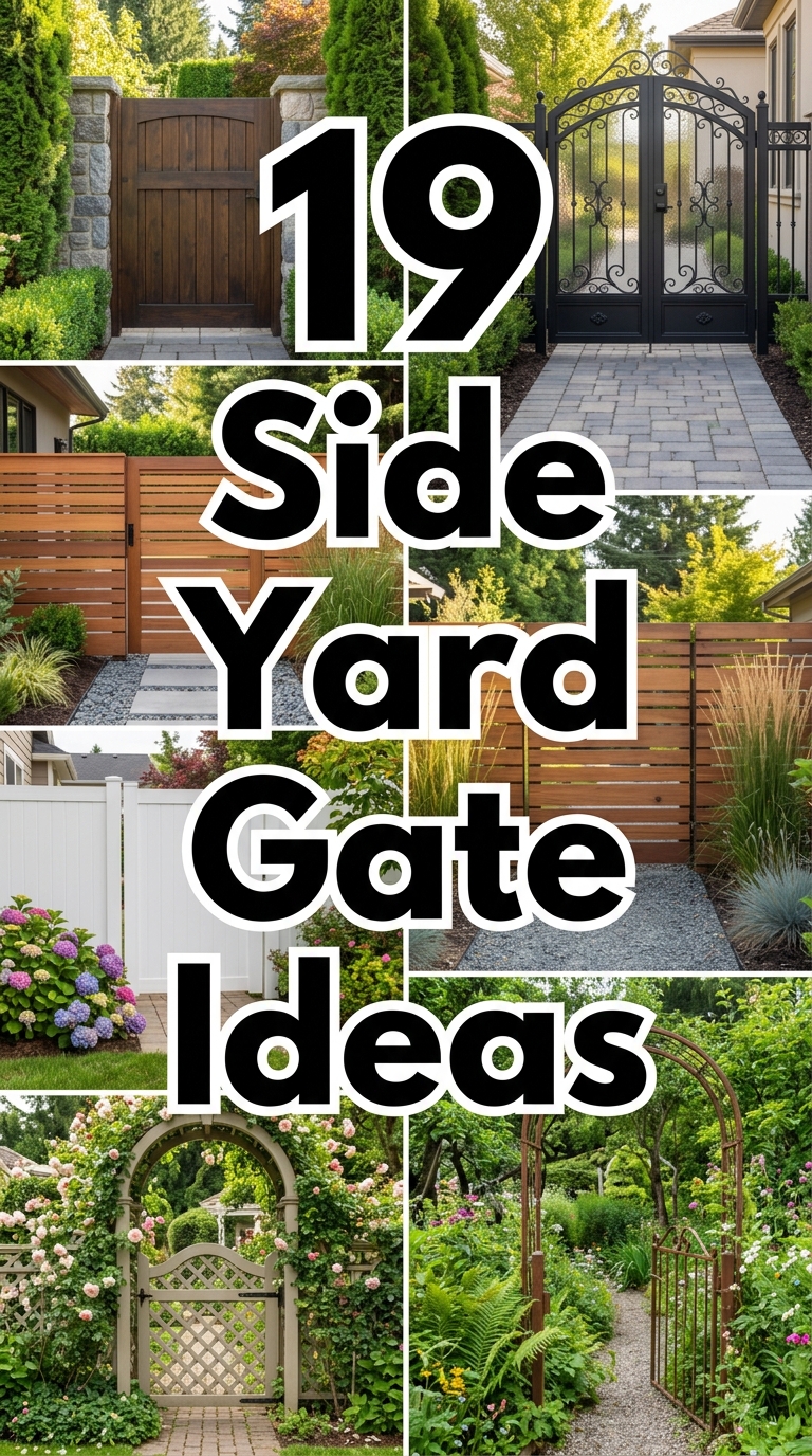 Feature image showing stylish side yard gate ideas with bold title overlay.