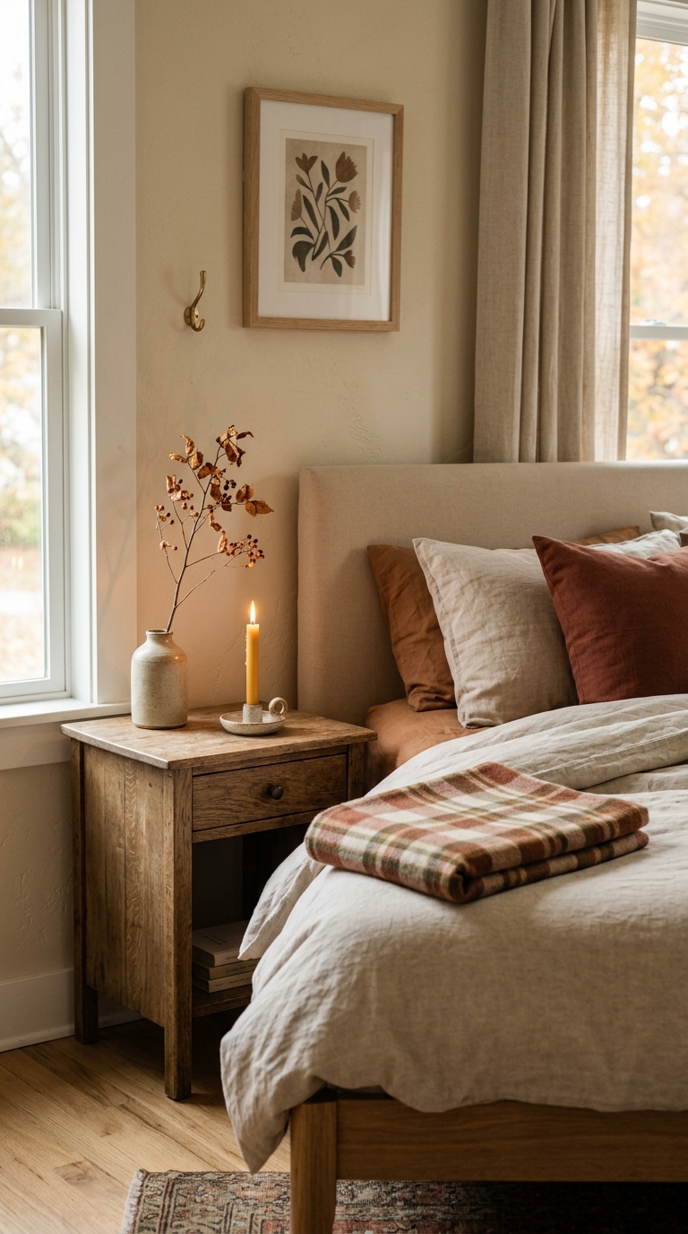 Simple, uncluttered fall bedroom styling with restrained warm accents