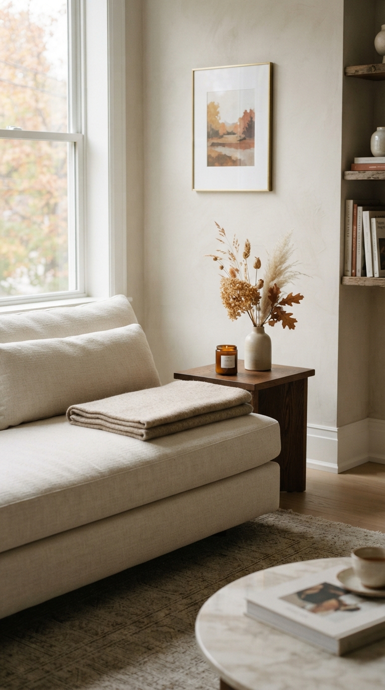 Simple, uncluttered fall living room styling with restrained warm accents
