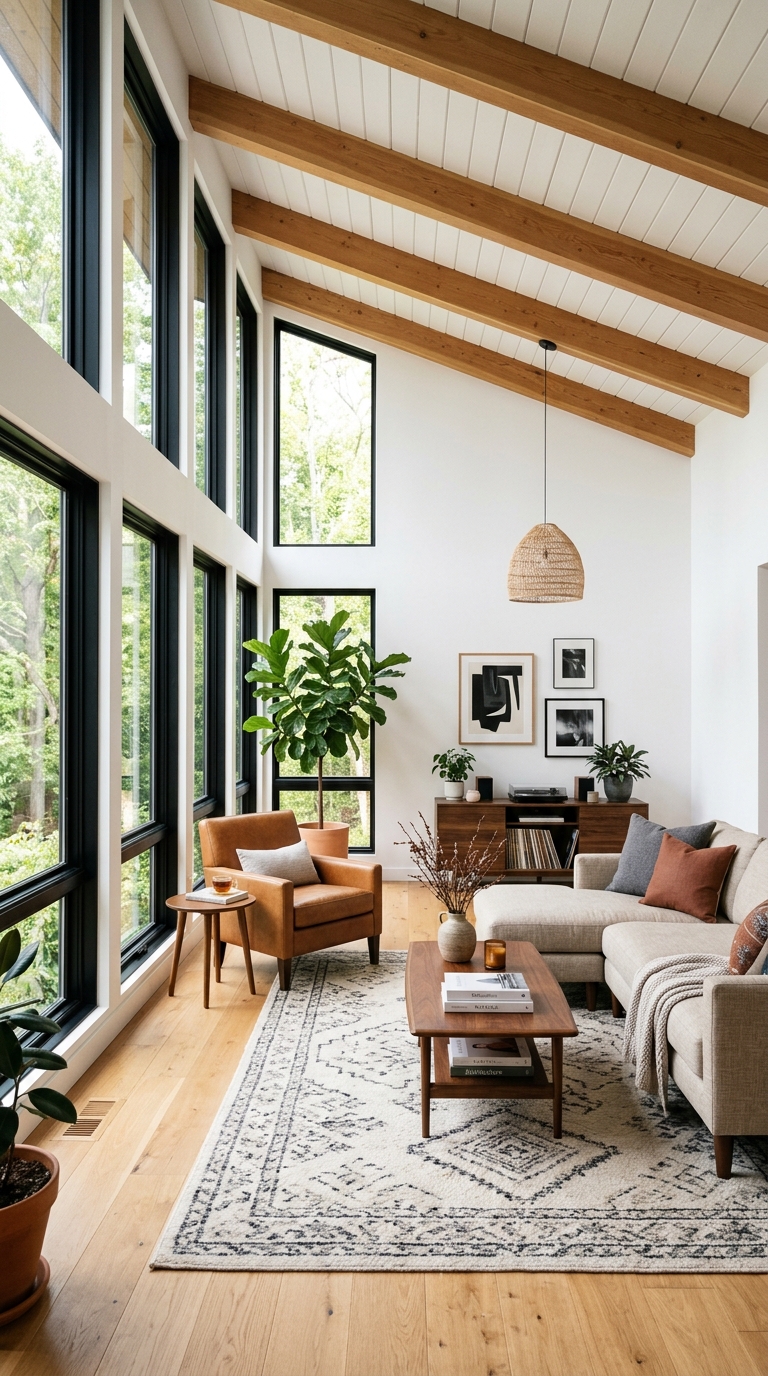 Modern single-slope vaulted ceiling with tall windows and natural light