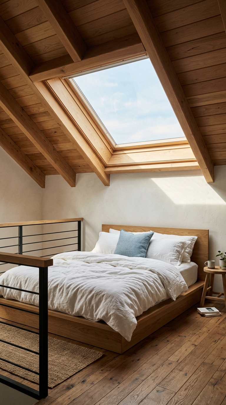 Loft bedroom with skylight filling the space with natural sunlight