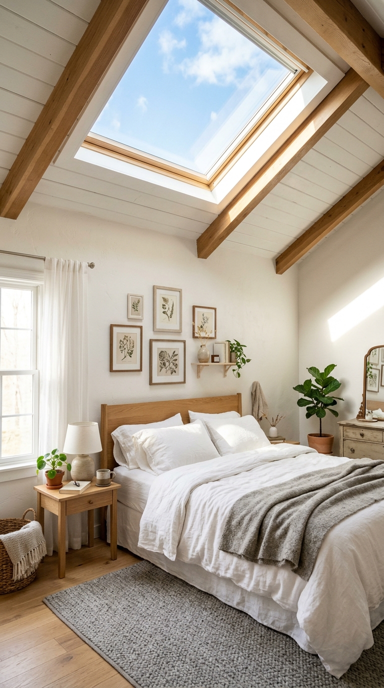 Skylight in a vaulted bedroom ceiling filling the room with soft natural morning light