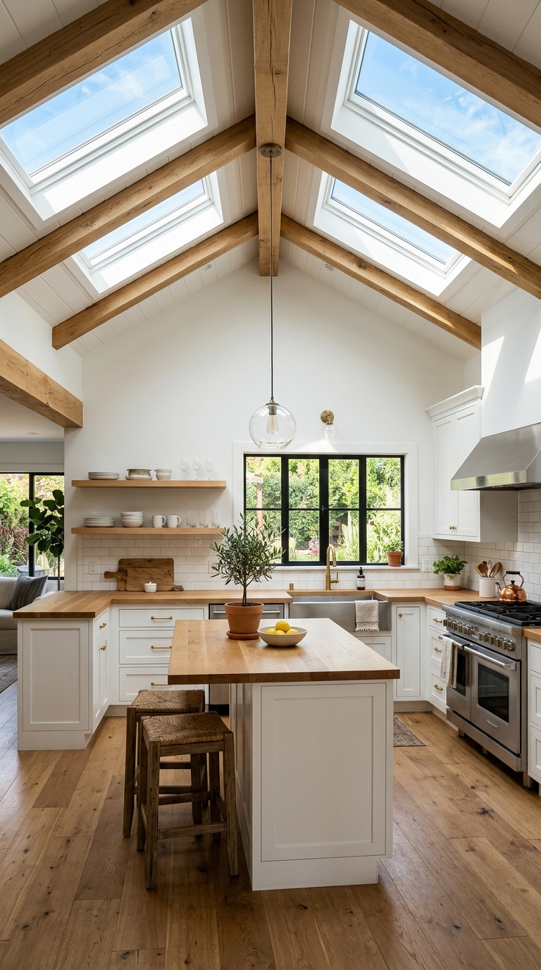 Skylights on a vaulted ceiling bringing natural light into a kitchen