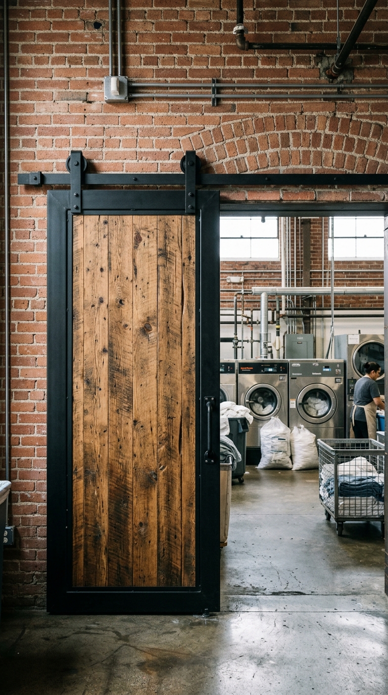 Sliding barn door idea for industrial laundry room entrance