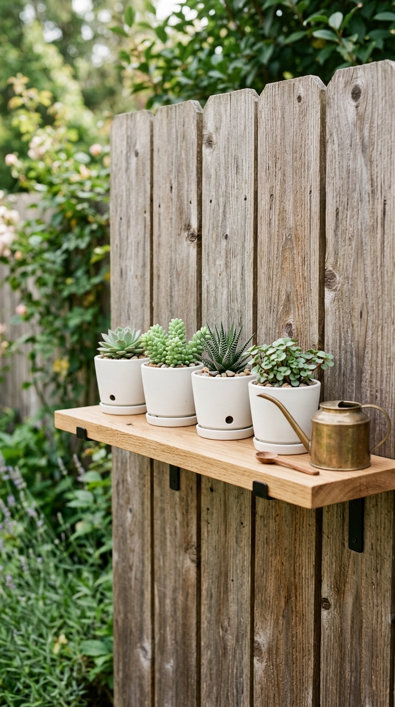 Slim floating plant shelf mounted on a fence with small succulents in white pots