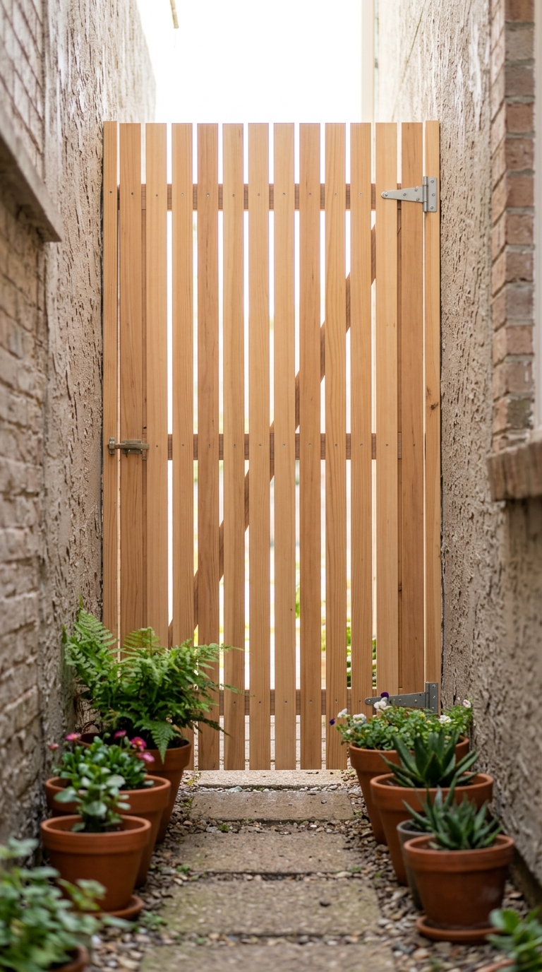 Slim slat side yard gate idea for a narrow passage that still lets light through