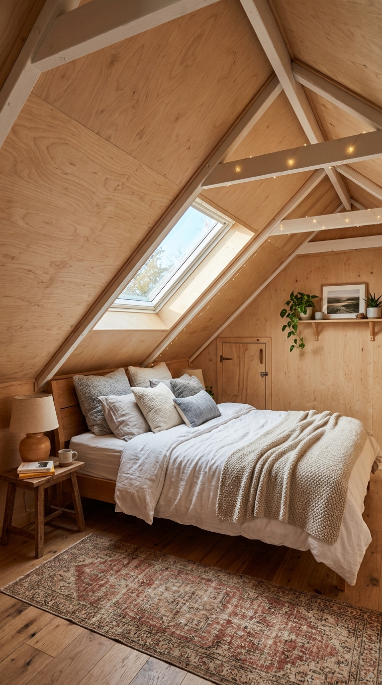 Sloped plywood ceiling in a vaulted attic bedroom with a skylight