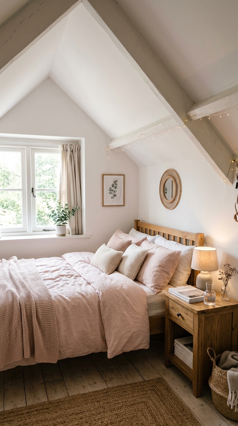 Small attic bedroom with a vaulted ceiling, dormer window, and soft blush and white decor