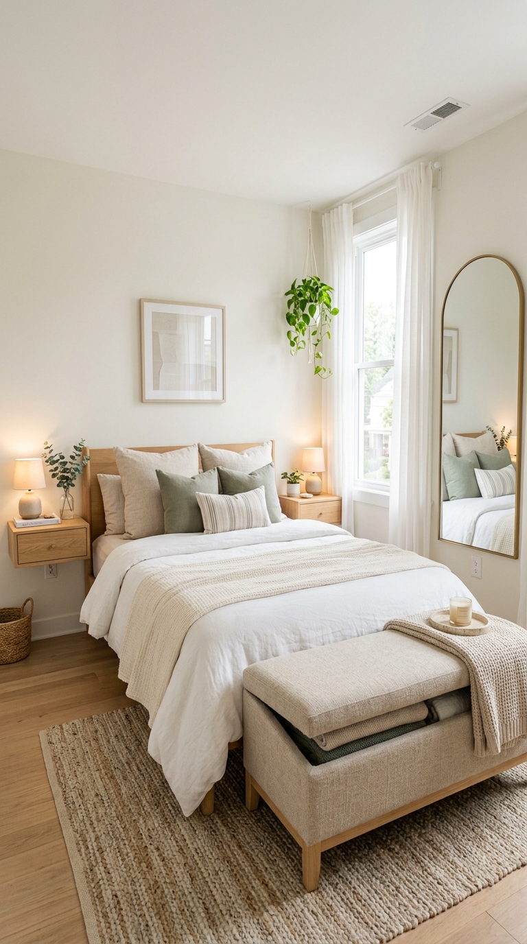Small couples bedroom with wall-mounted nightstands and space-saving smart layout