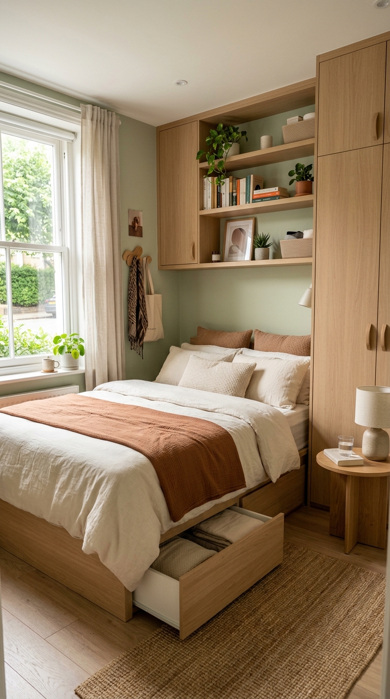 Small bedroom styled with smart space-saving storage