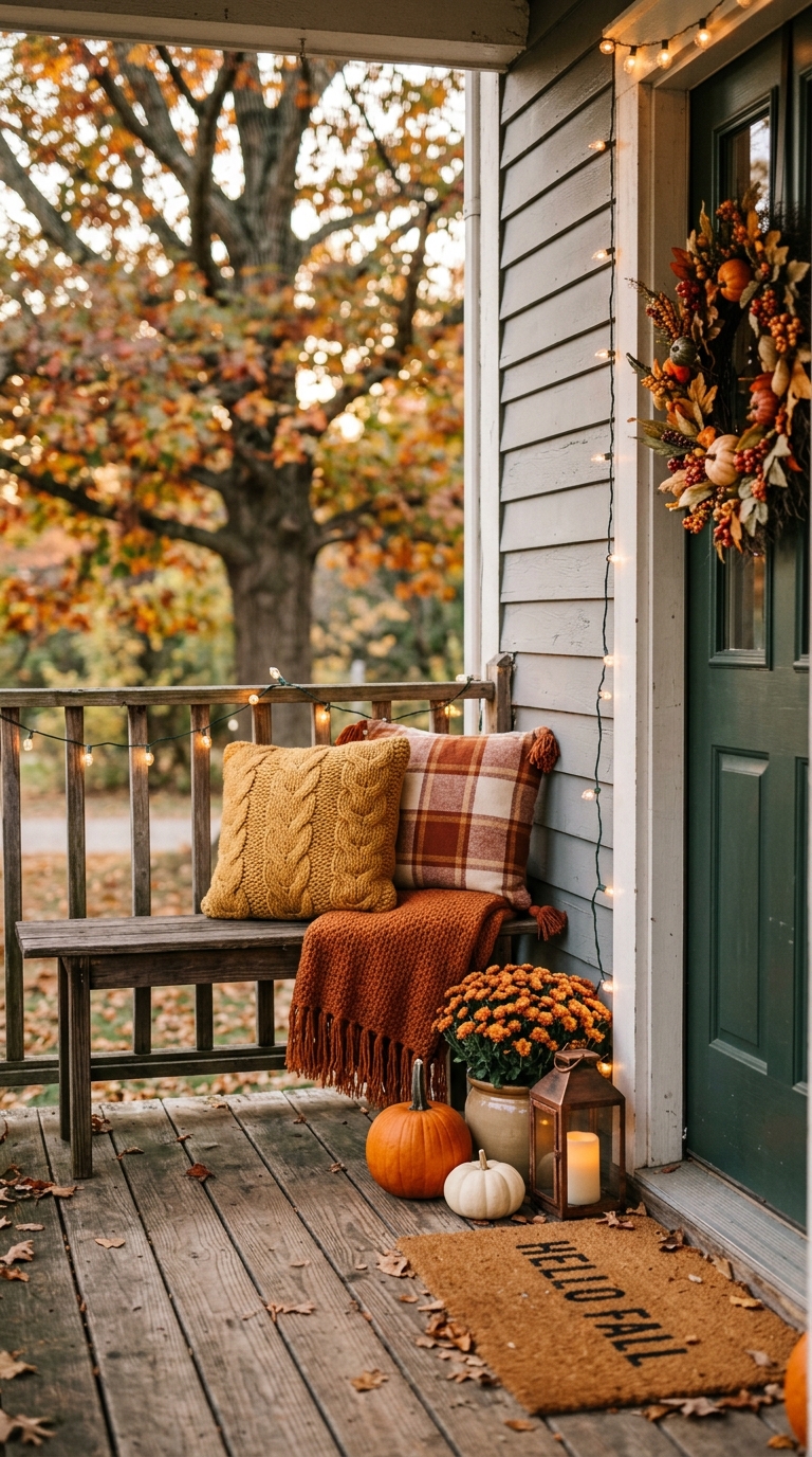 Small bench with cozy pillows styled for a compact fall front porch.
