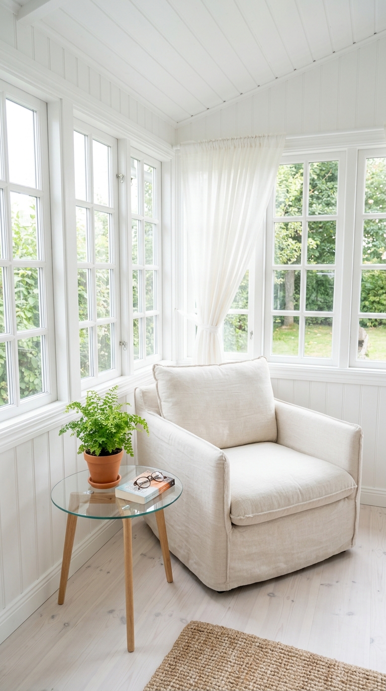 Small enclosed porch idea with white trim and bright airy design