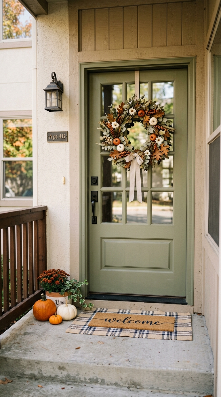 Minimal fall decor idea for a small front porch with wreath and pumpkins.