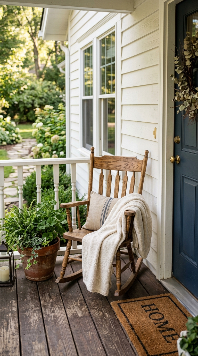Small front porch idea featuring a scaled-down wooden rocking chair with a cozy throw blanket