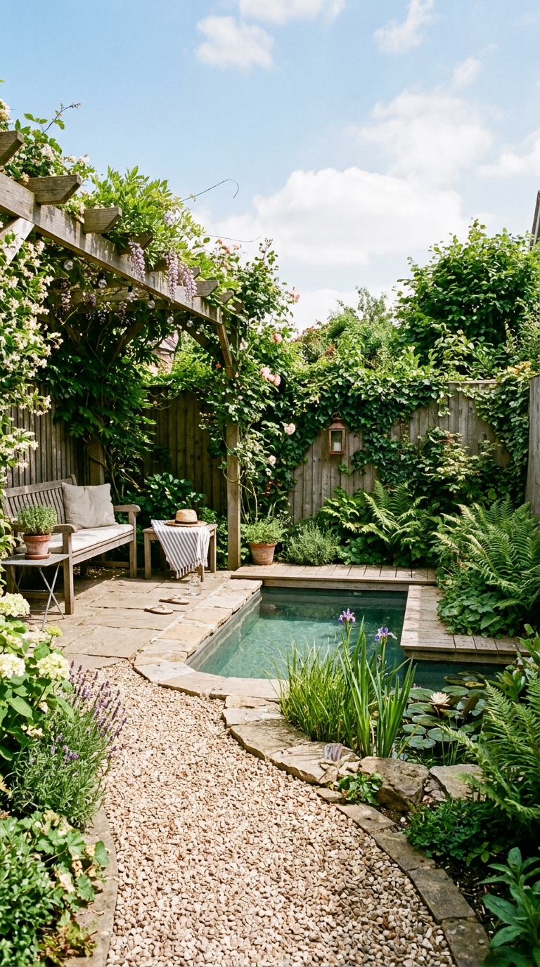 Small L-shaped natural swimming pool with pergola and gravel pathway in compact backyard