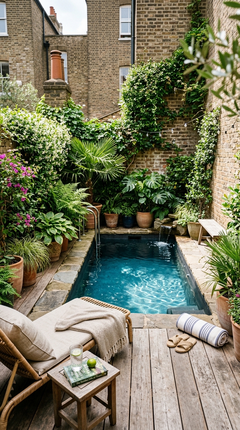 mall natural plunge pool in a compact urban backyard with wood decking