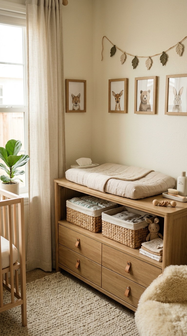 Small nursery idea with a changing station tucked into a corner to save floor space