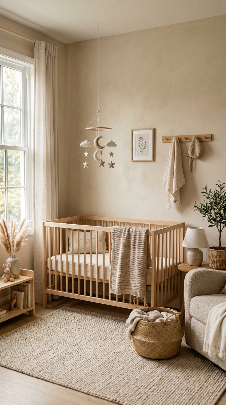 Small nursery idea showing a crib placed against the longest wall to maximize floor space