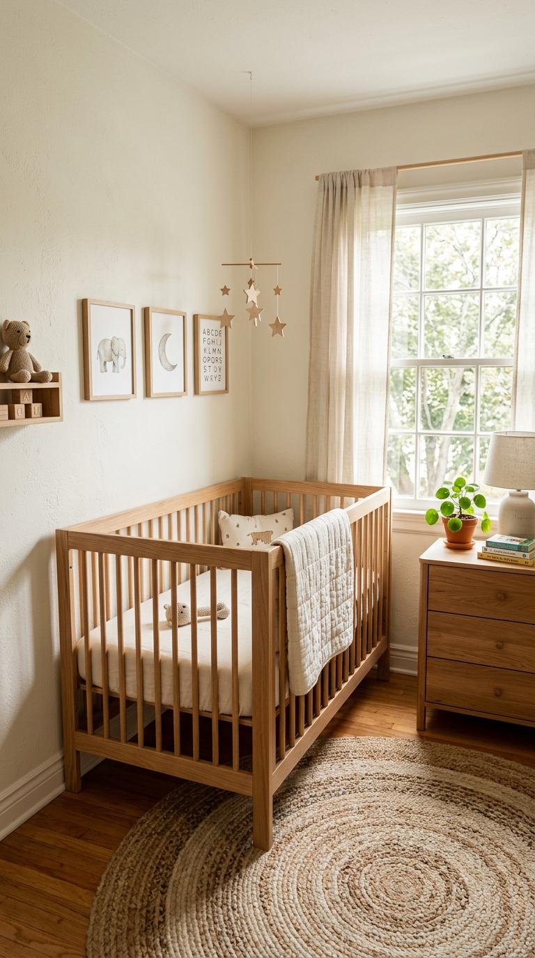 Small nursery idea with a crib placed diagonally in the corner to open up walking space