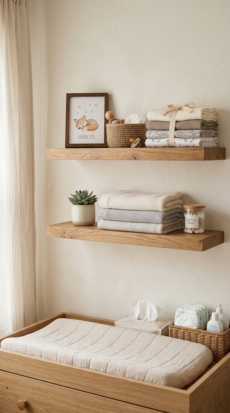 Small nursery idea using floating shelves above the changing area for extra storage