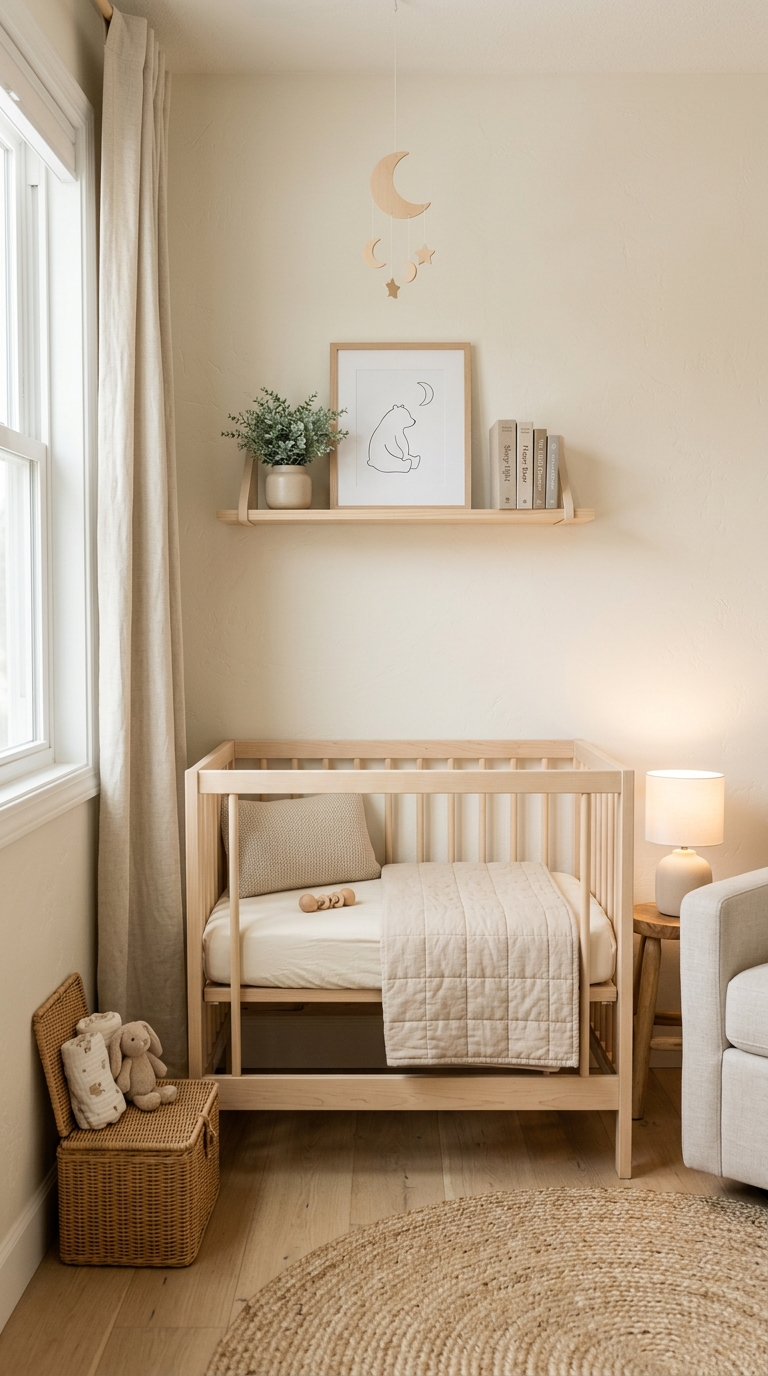 Small nursery idea using a compact mini crib to save floor space in a tiny room.