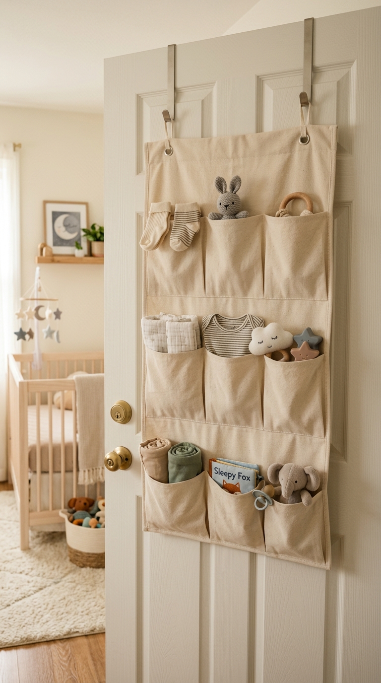 Small nursery idea using an over-the-door organizer to store small baby essentials