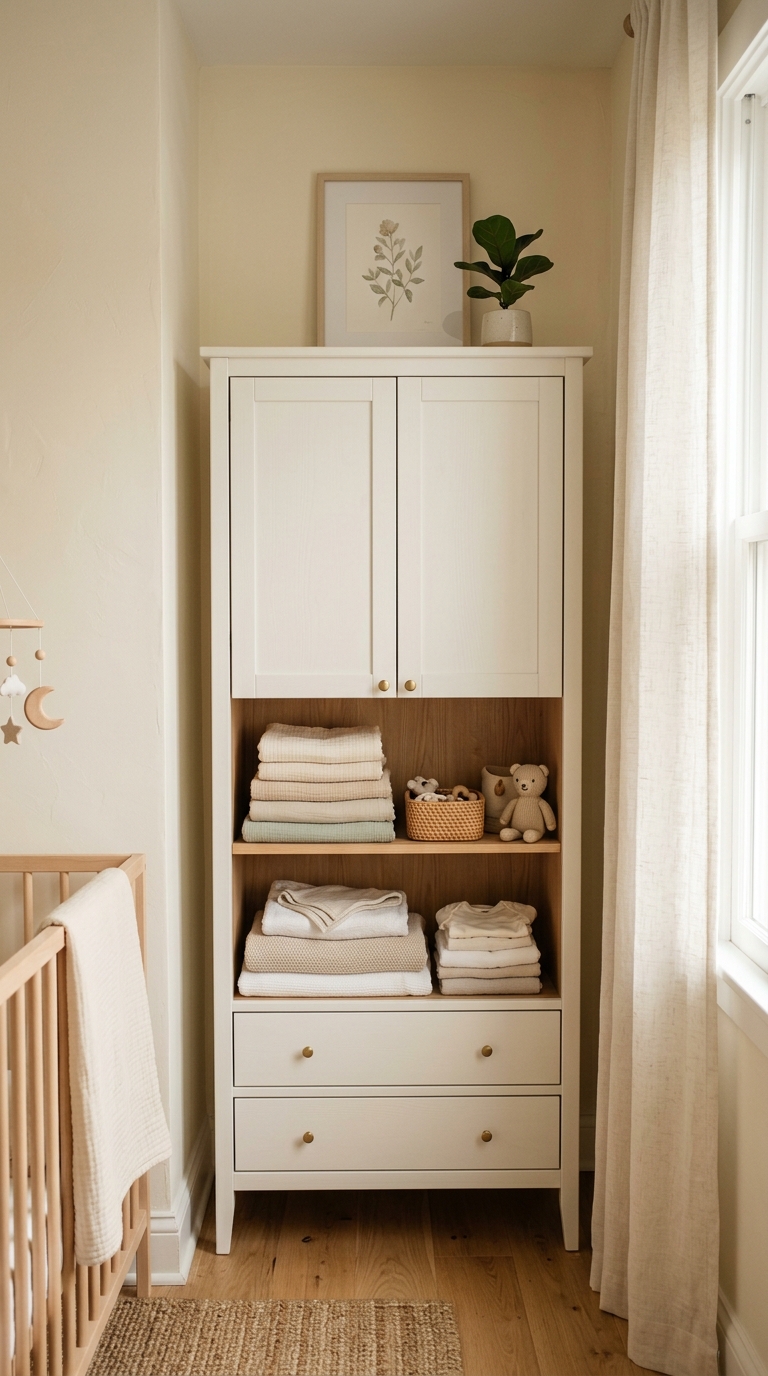 Small nursery idea using a slim armoire in place of a wide dresser to save wall space.