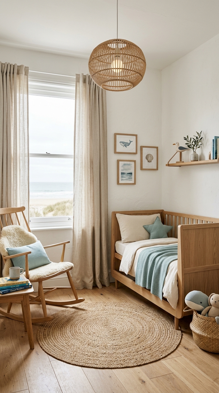Small nursery idea with a soft coastal style using muted blues and natural textures