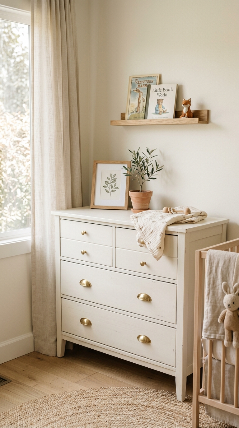 Small nursery idea using thrifted and repainted furniture as a budget-friendly option