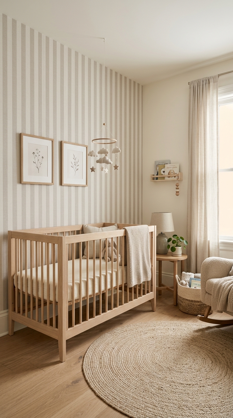 Small nursery idea with a vertical striped accent wall behind the crib to add height