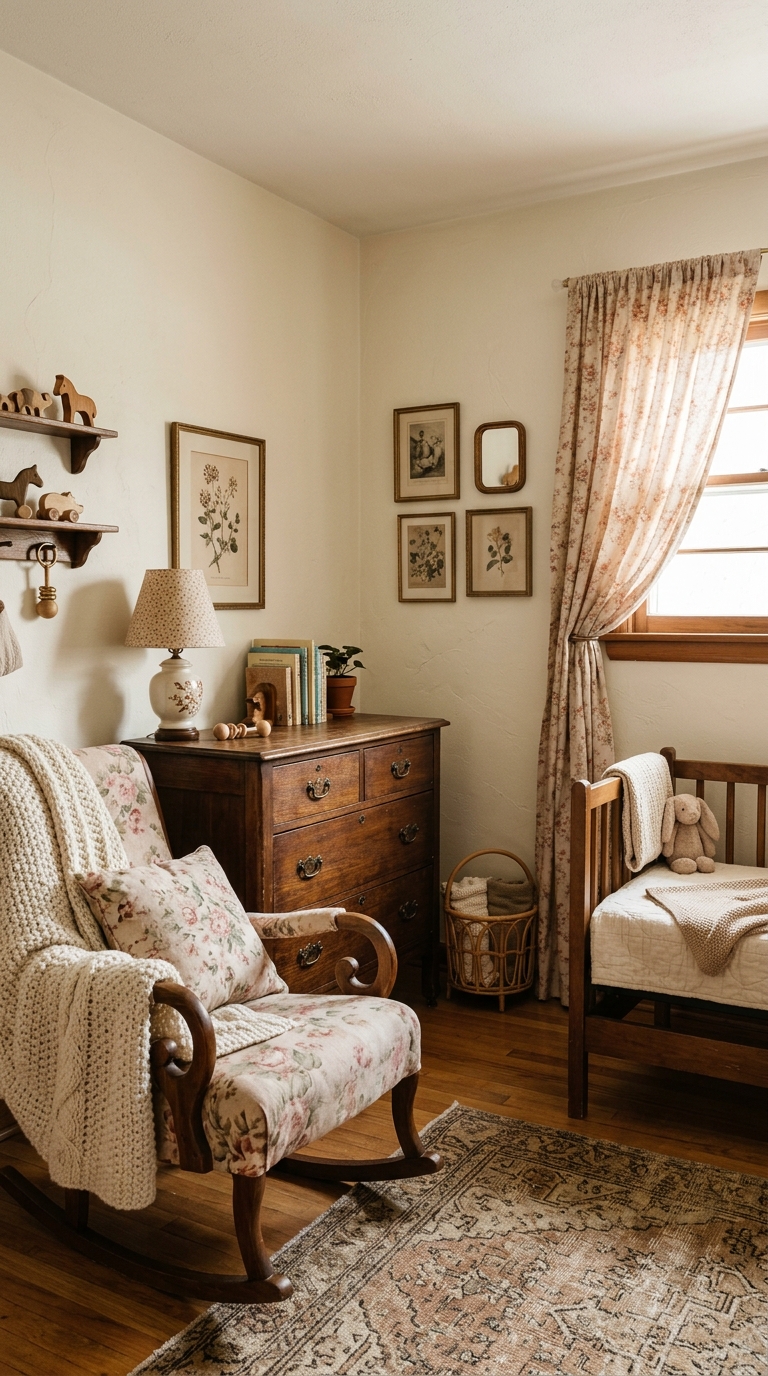 Small nursery idea with a vintage-inspired throwback style using thrifted furniture
