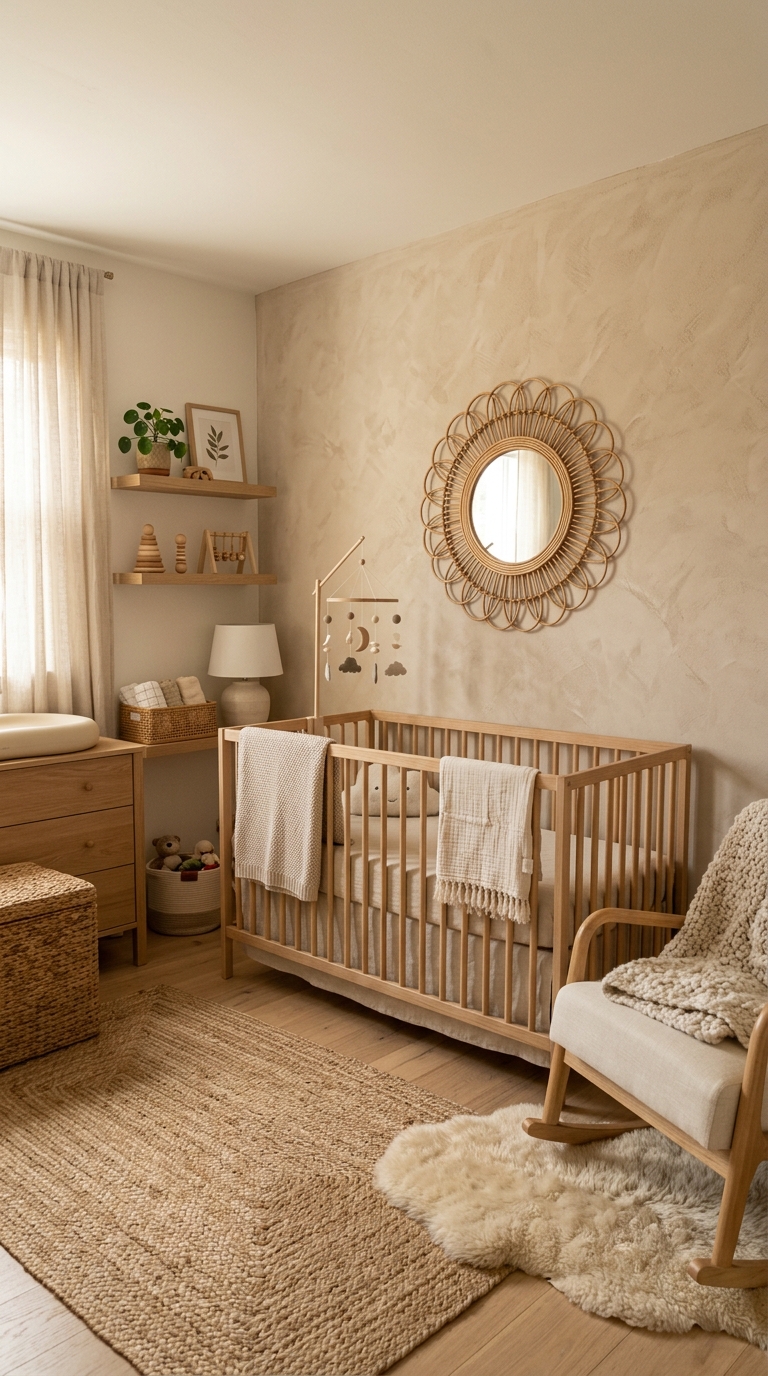 Small nursery idea using a warm neutral palette with textured walls for a timeless look