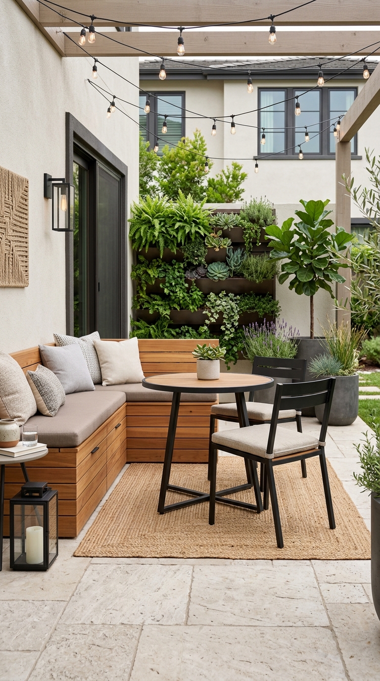 Modern small patio with cozy seating and space-saving outdoor design