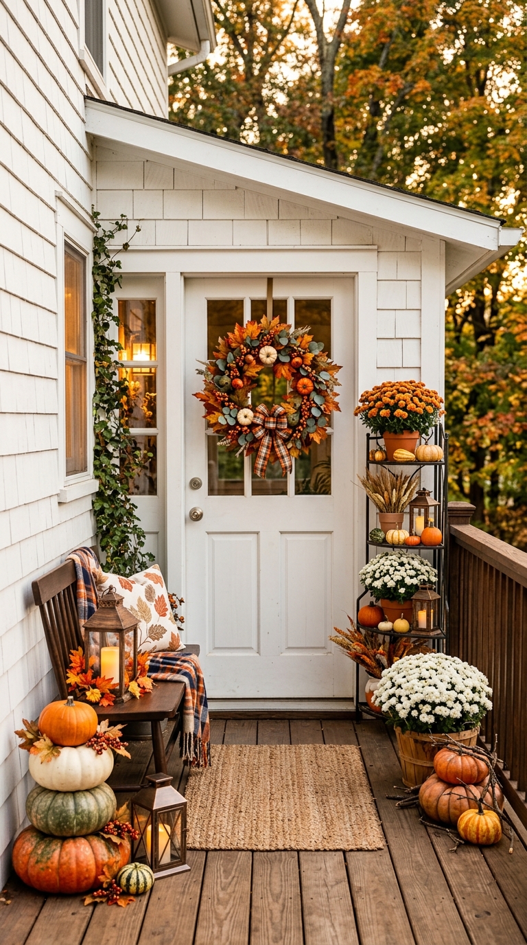 Small front porch with vertical tiered fall decor display