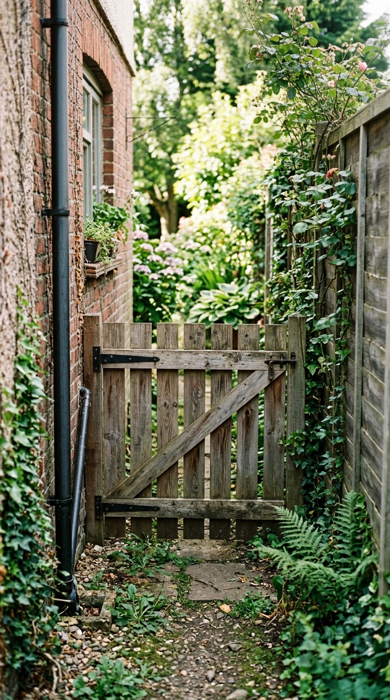 Small DIY side-yard garden gate with scrap wood