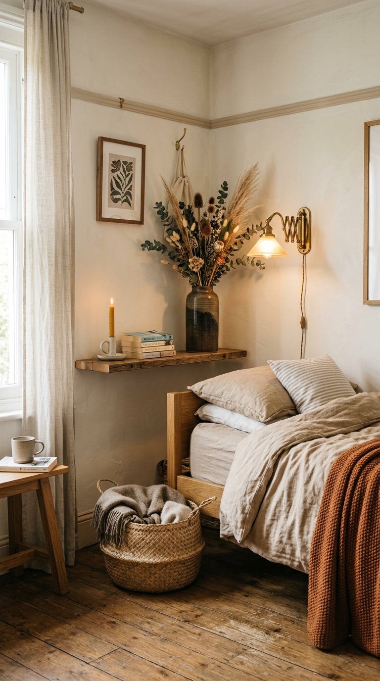 Small fall bedroom styled with wall sconce and dried florals