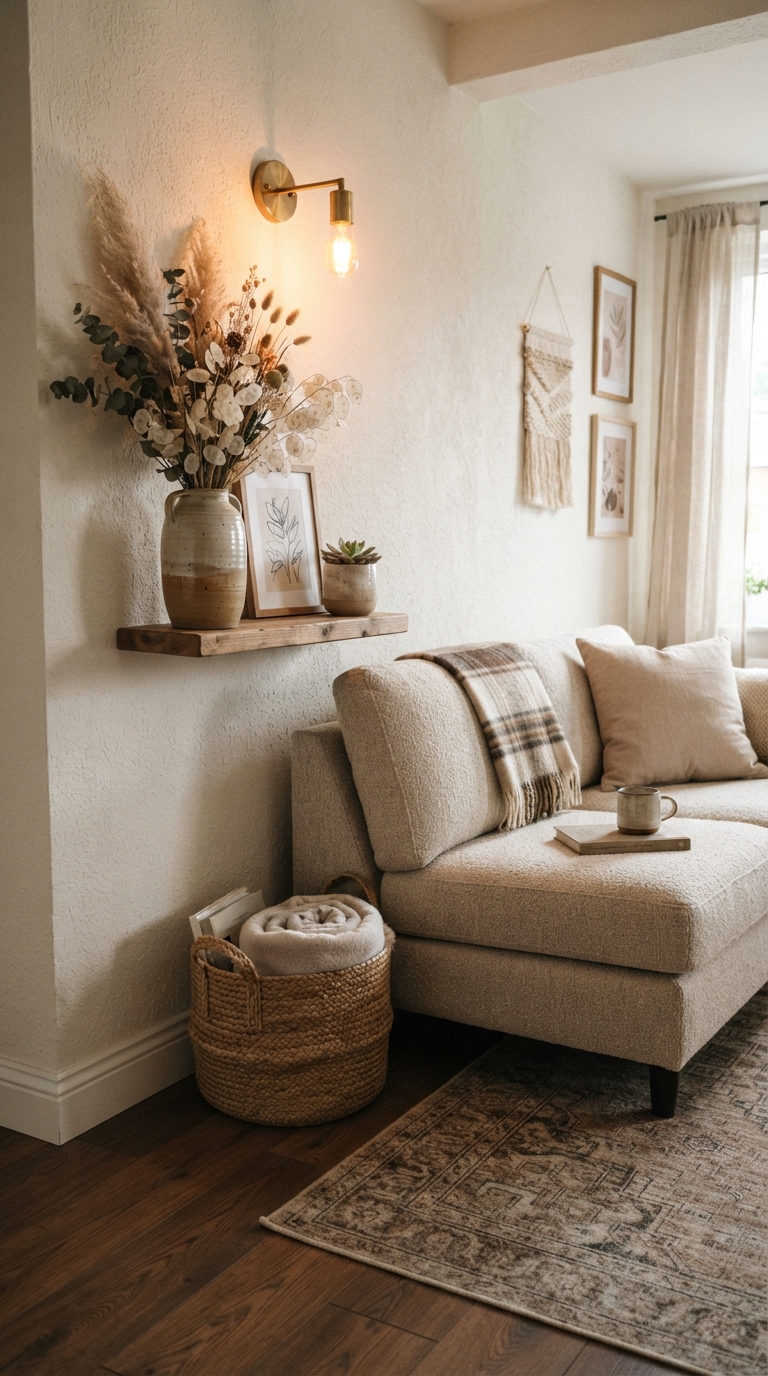 Small fall living room styled with wall light and dried florals