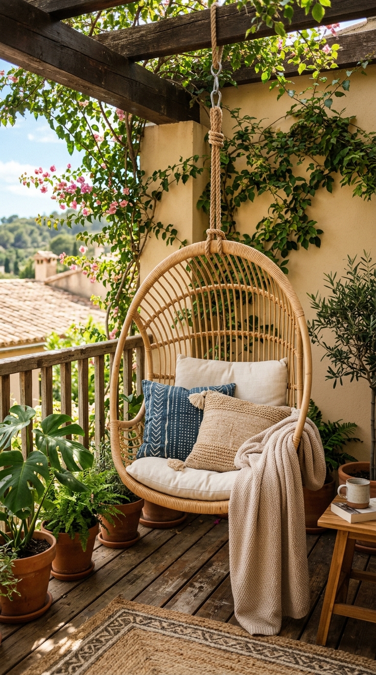 Hanging swing chair idea for a cozy small terrace nook