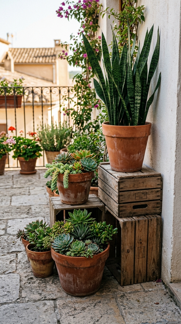 Layered terracotta pot idea for small terrace plant styling
