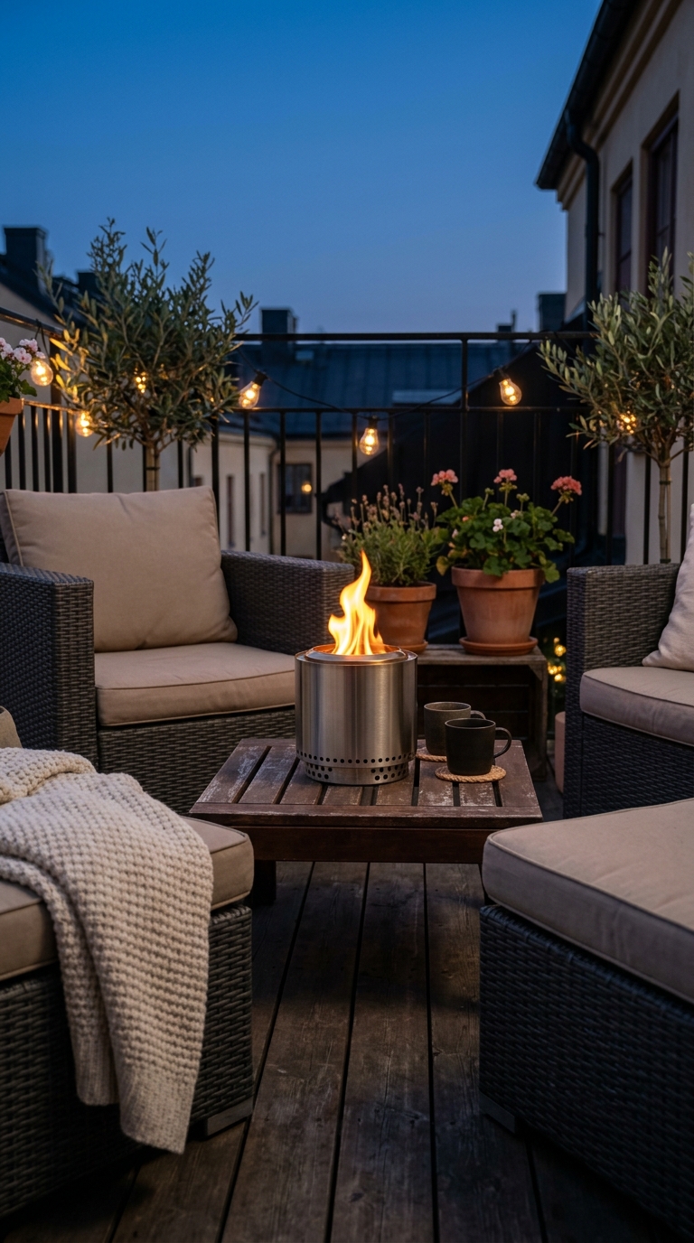 Mini fire pit idea for a cozy small terrace evening