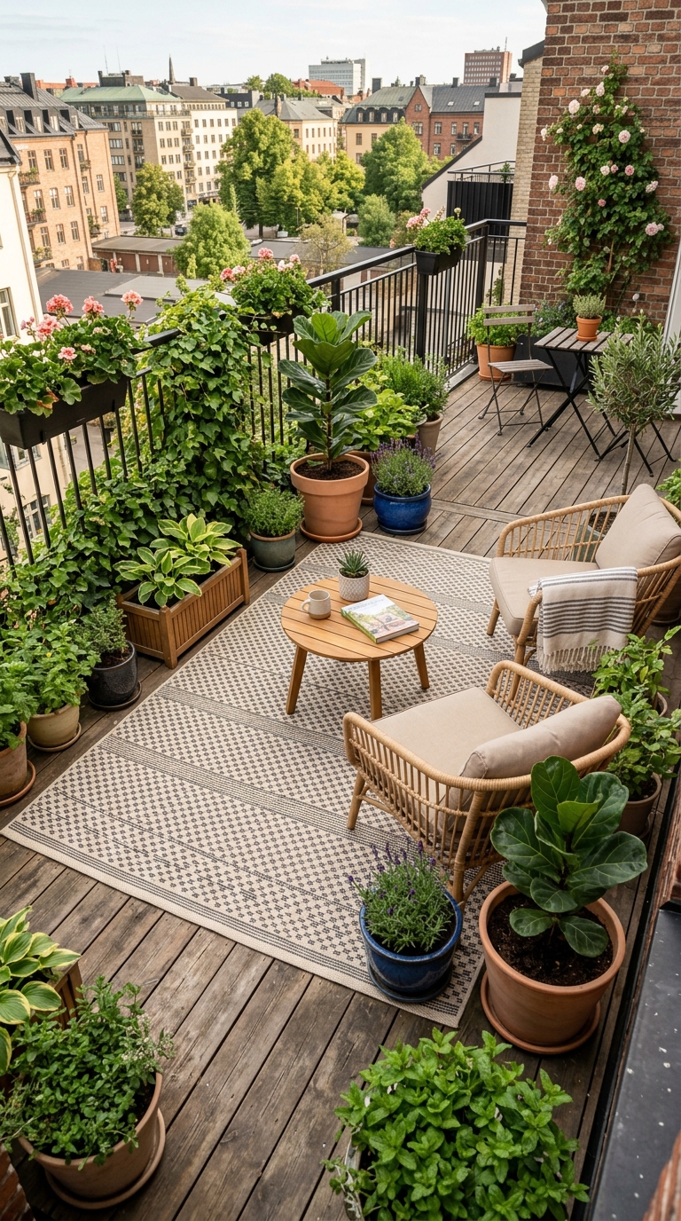 Outdoor rug idea to define zones on a small terrace