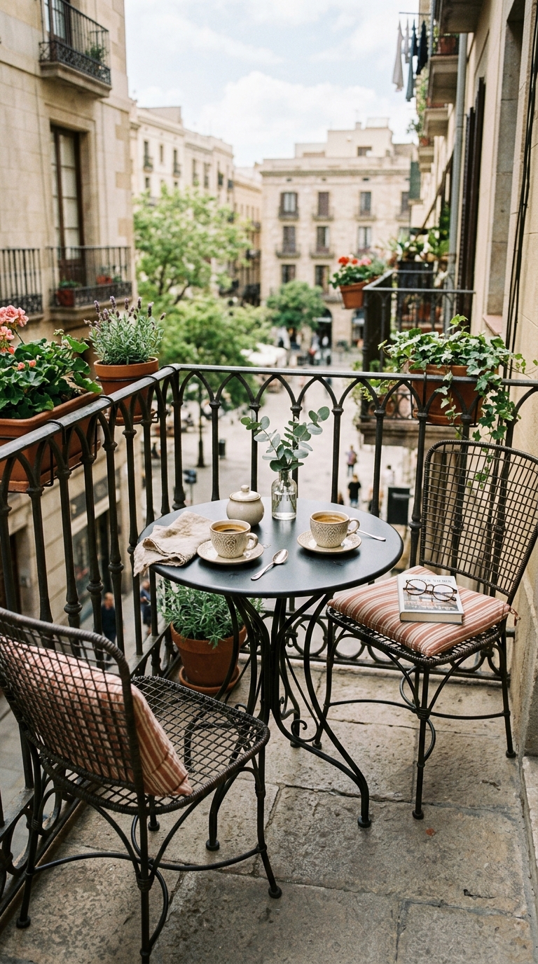 Round bistro table idea for a small terrace breakfast nook
