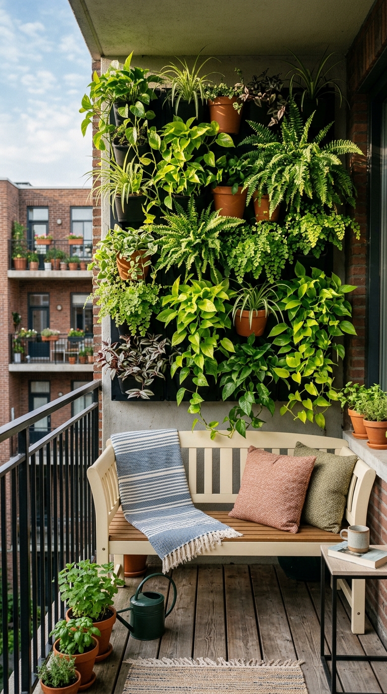 Vertical living wall idea for a small terrace with layered greenery