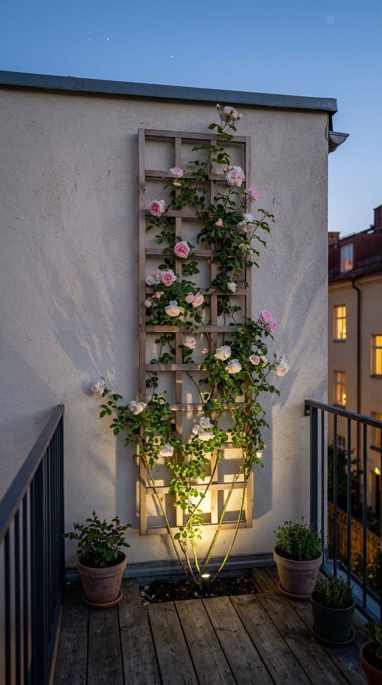 Vertical trellis idea with climbing plants for a small terrace