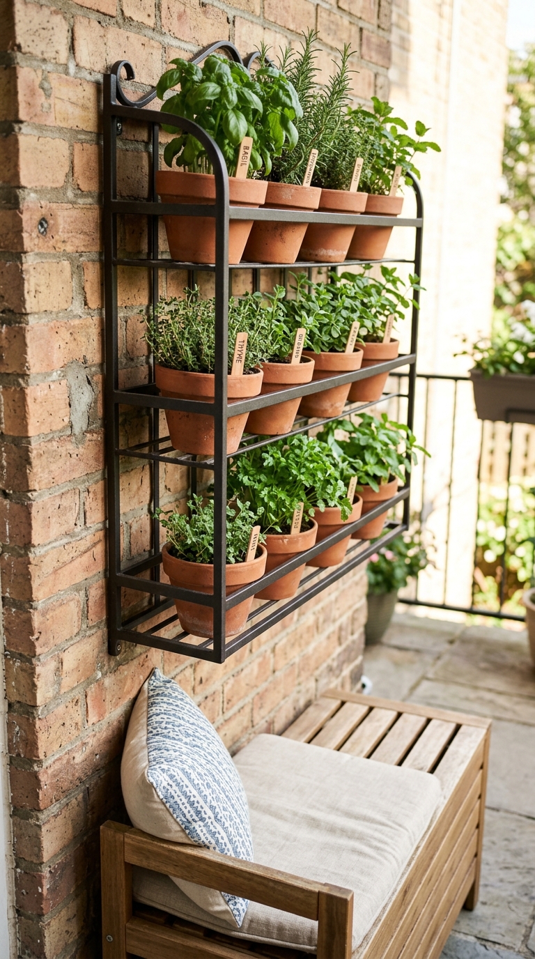 Wall-mounted planter rack idea for a small terrace herb garden