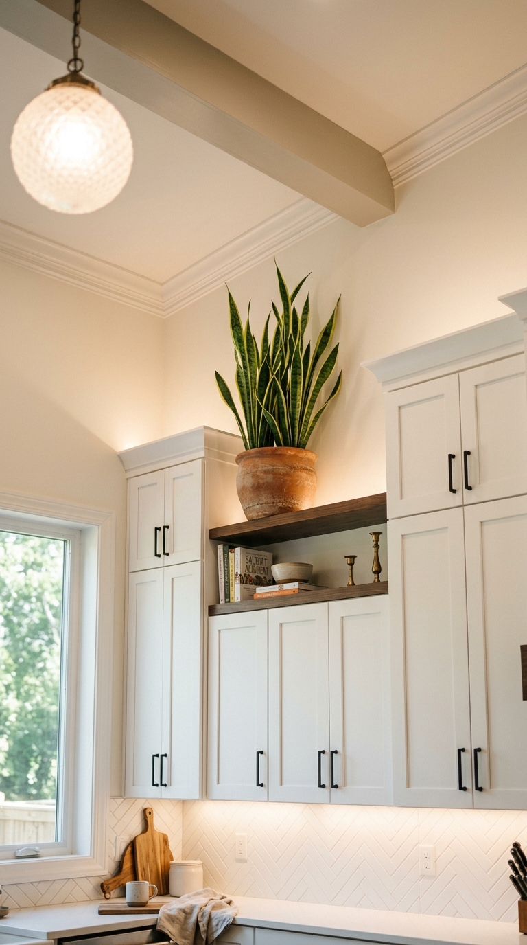 Snake plant styled above kitchen cabinets near the ceiling