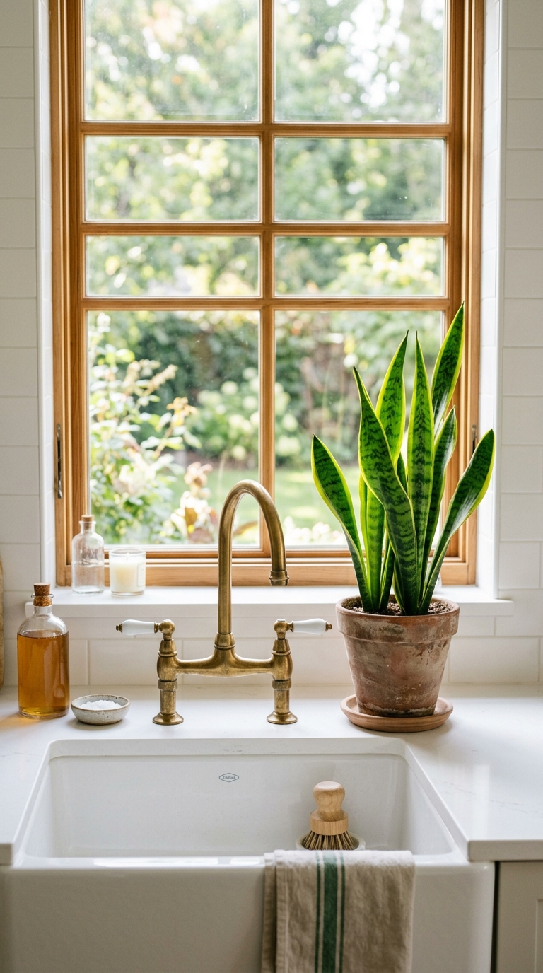 Snake plant styled beside a kitchen sink