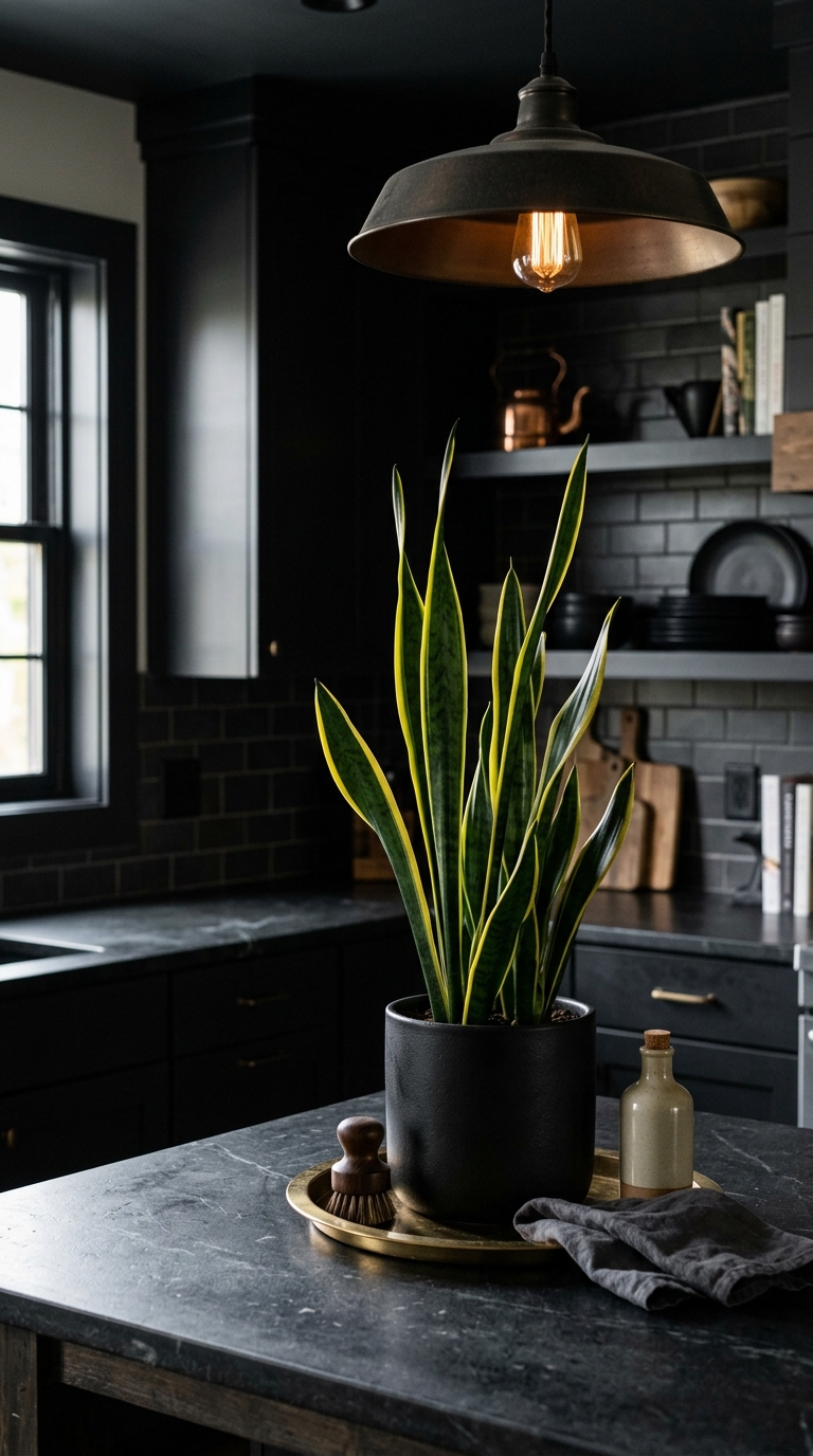 snake plant in a black pot styled in a moody dark kitchen
