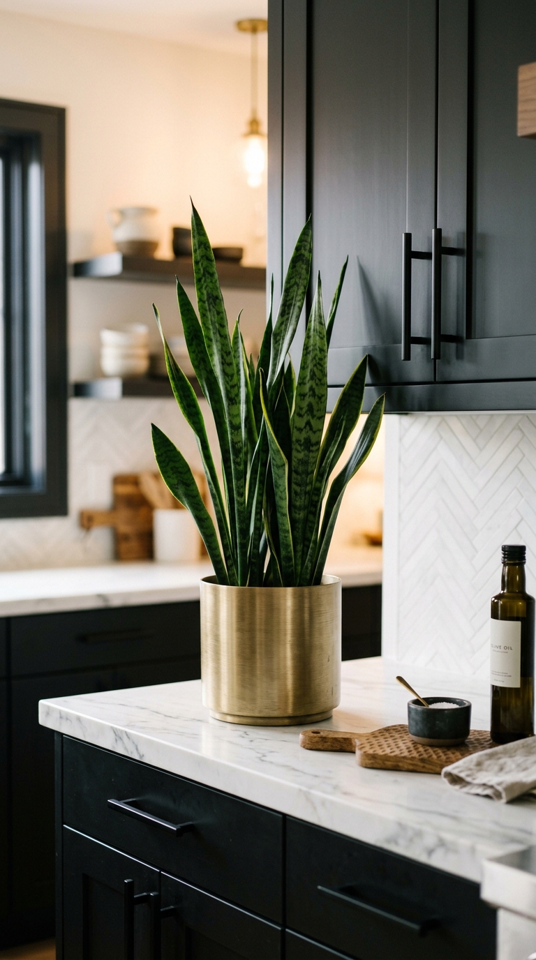 Snake plant in a brass planter styled in a luxury kitchen